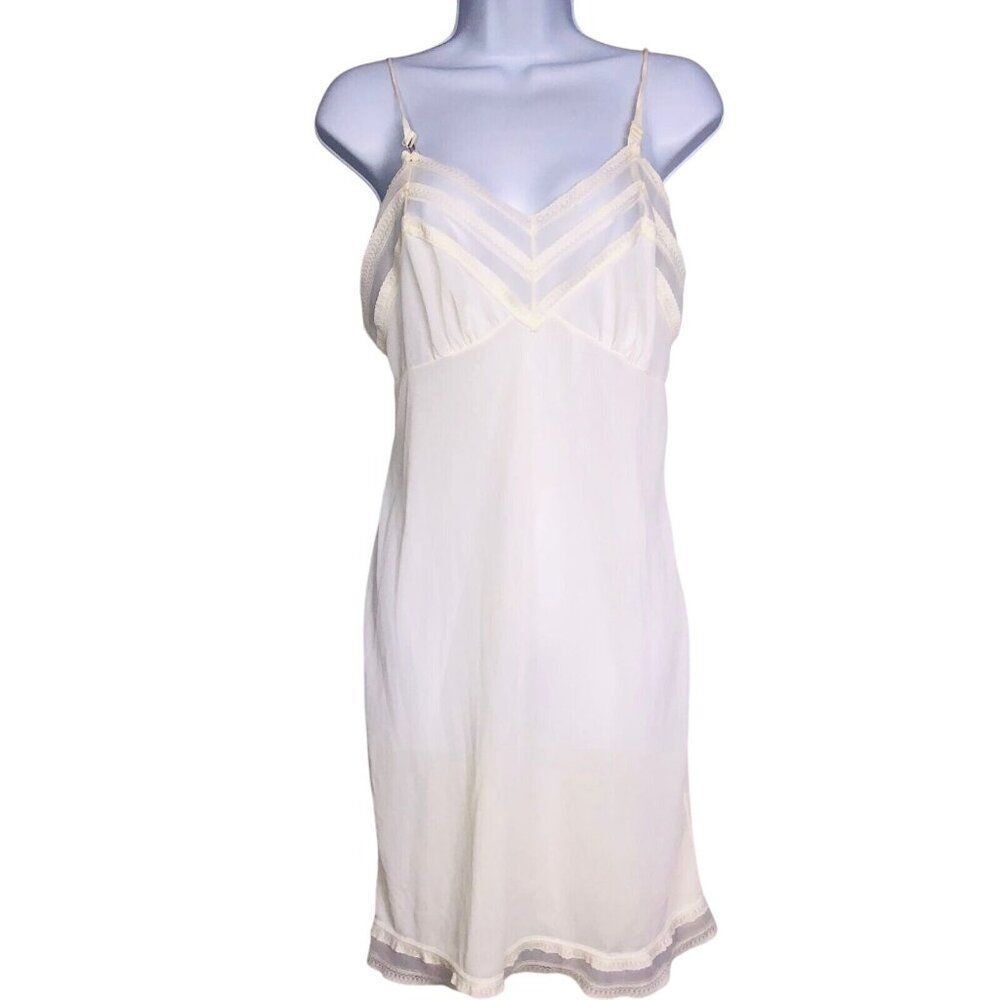 Vintage Womens M Full Slip Ivory Nylon Lace V Neck